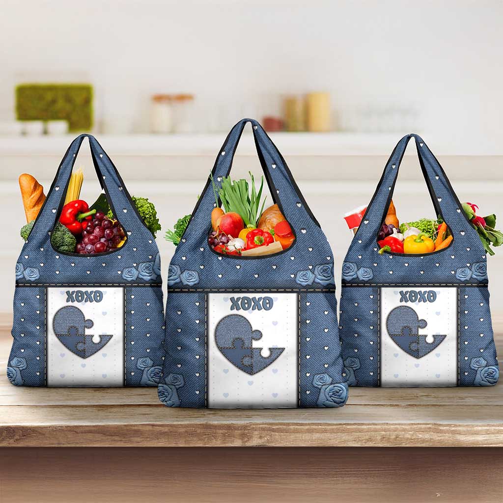 XOXO Valentine's Day Grocery Bag Pieces Of The Heart Old Denim Fabric Effect