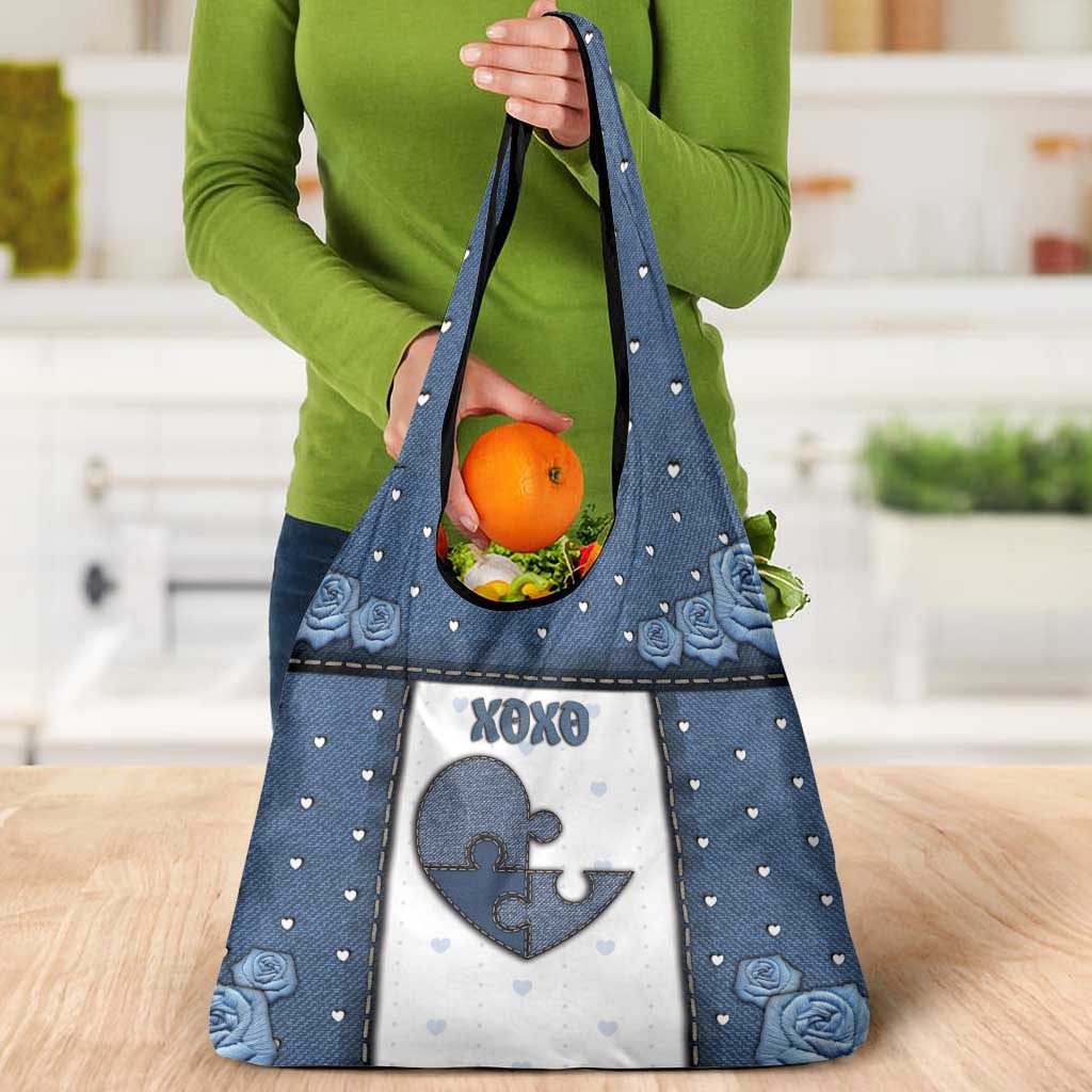 XOXO Valentine's Day Grocery Bag Pieces Of The Heart Old Denim Fabric Effect