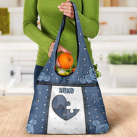 XOXO Valentine's Day Grocery Bag Pieces Of The Heart Old Denim Fabric Effect