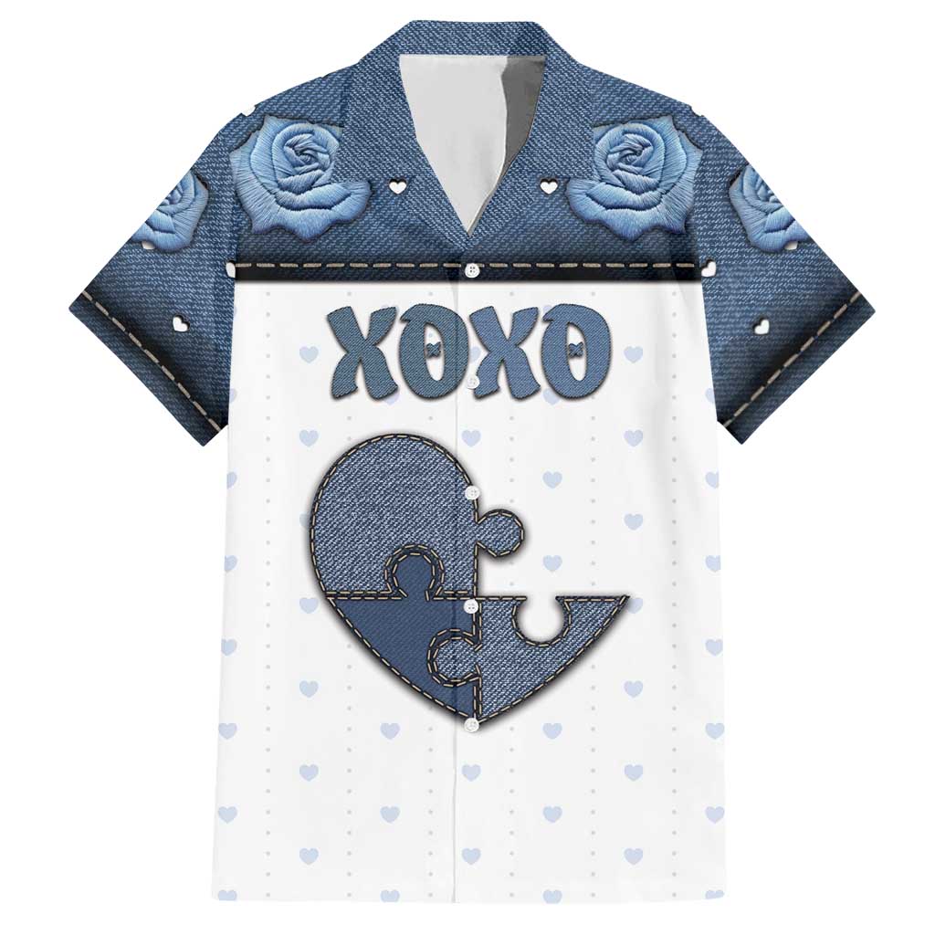 Personalized XOXO Valentine's Day Hawaiian Shirt Pieces Of The Heart Old Denim Fabric Effect