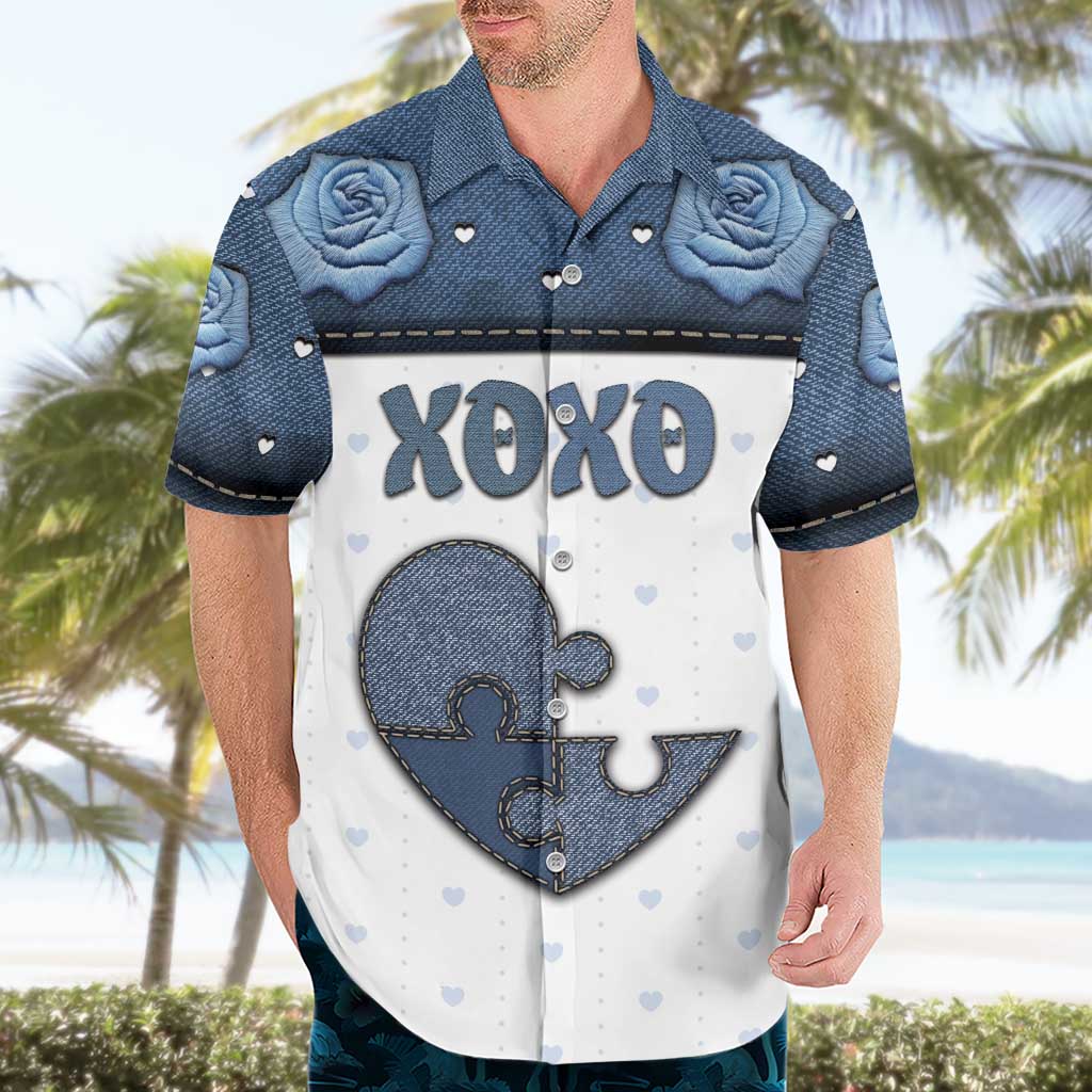 Personalized XOXO Valentine's Day Hawaiian Shirt Pieces Of The Heart Old Denim Fabric Effect