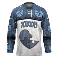 Personalized XOXO Valentine's Day Hockey Jersey Pieces Of The Heart Old Denim Fabric Effect