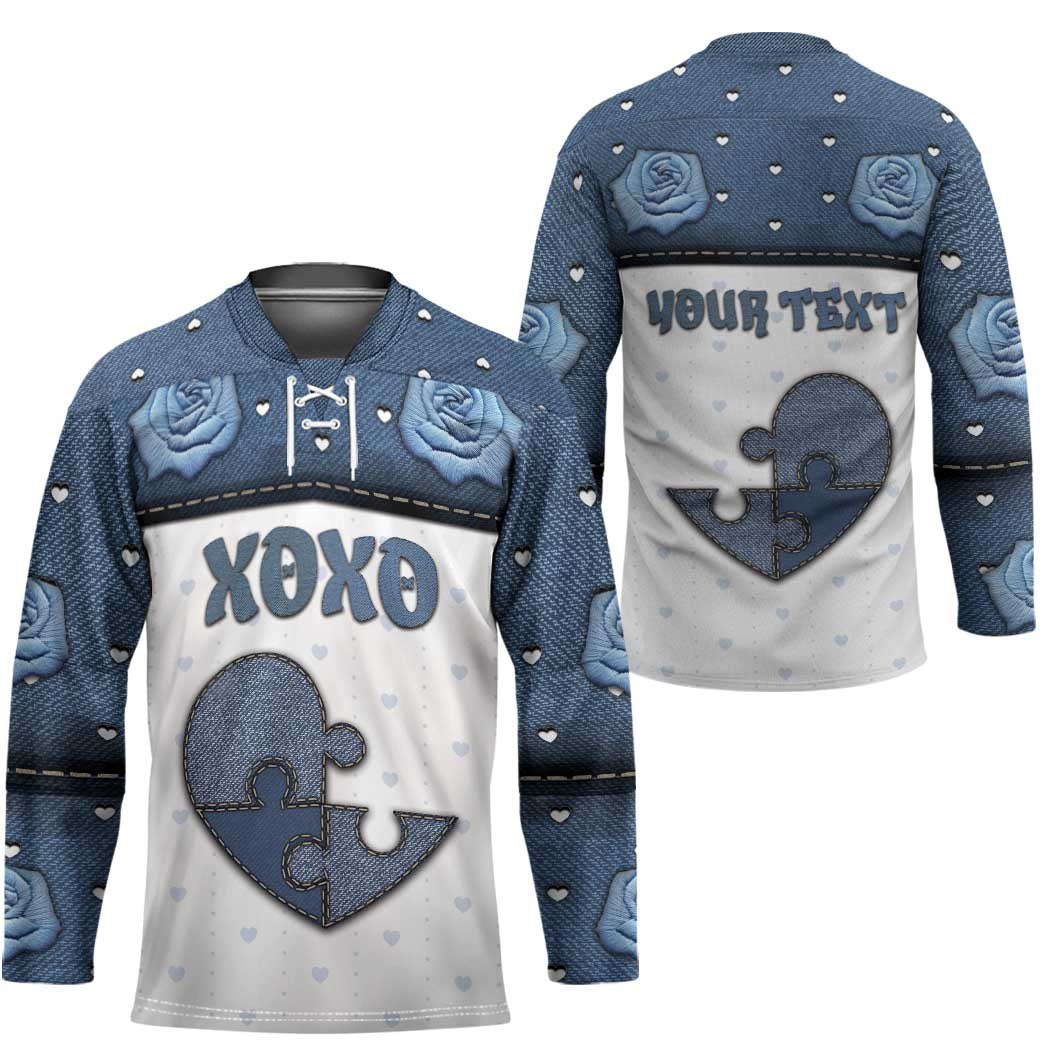 Personalized XOXO Valentine's Day Hockey Jersey Pieces Of The Heart Old Denim Fabric Effect