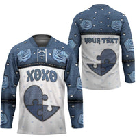 Personalized XOXO Valentine's Day Hockey Jersey Pieces Of The Heart Old Denim Fabric Effect