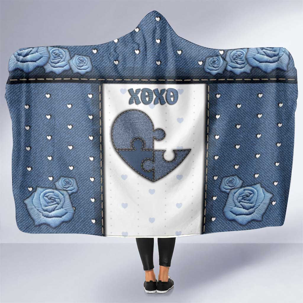 XOXO Valentine's Day Hooded Blanket Pieces Of The Heart Old Denim Fabric Effect