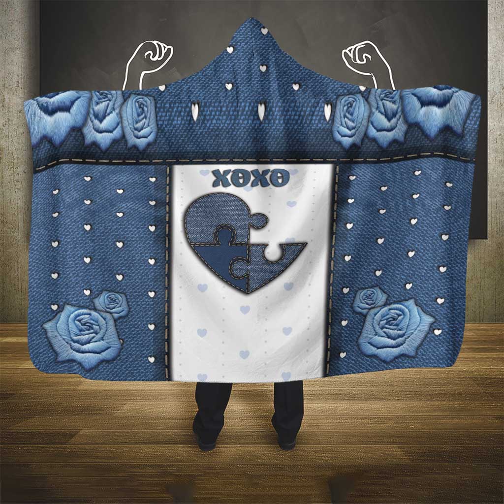 XOXO Valentine's Day Hooded Blanket Pieces Of The Heart Old Denim Fabric Effect
