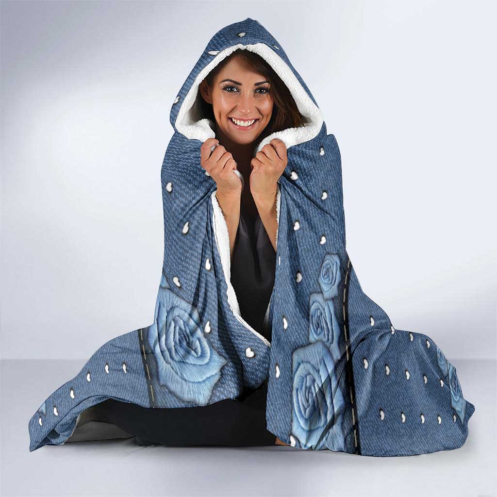 XOXO Valentine's Day Hooded Blanket Pieces Of The Heart Old Denim Fabric Effect