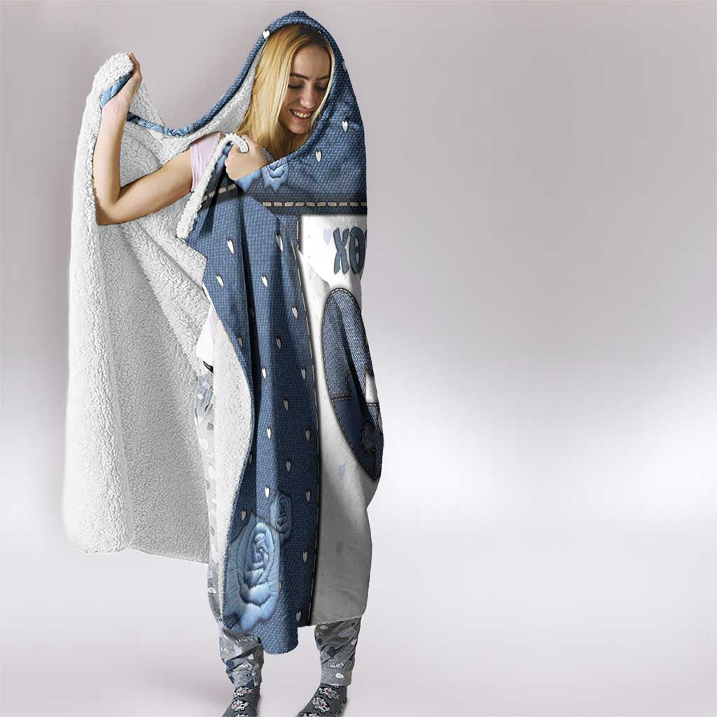 XOXO Valentine's Day Hooded Blanket Pieces Of The Heart Old Denim Fabric Effect