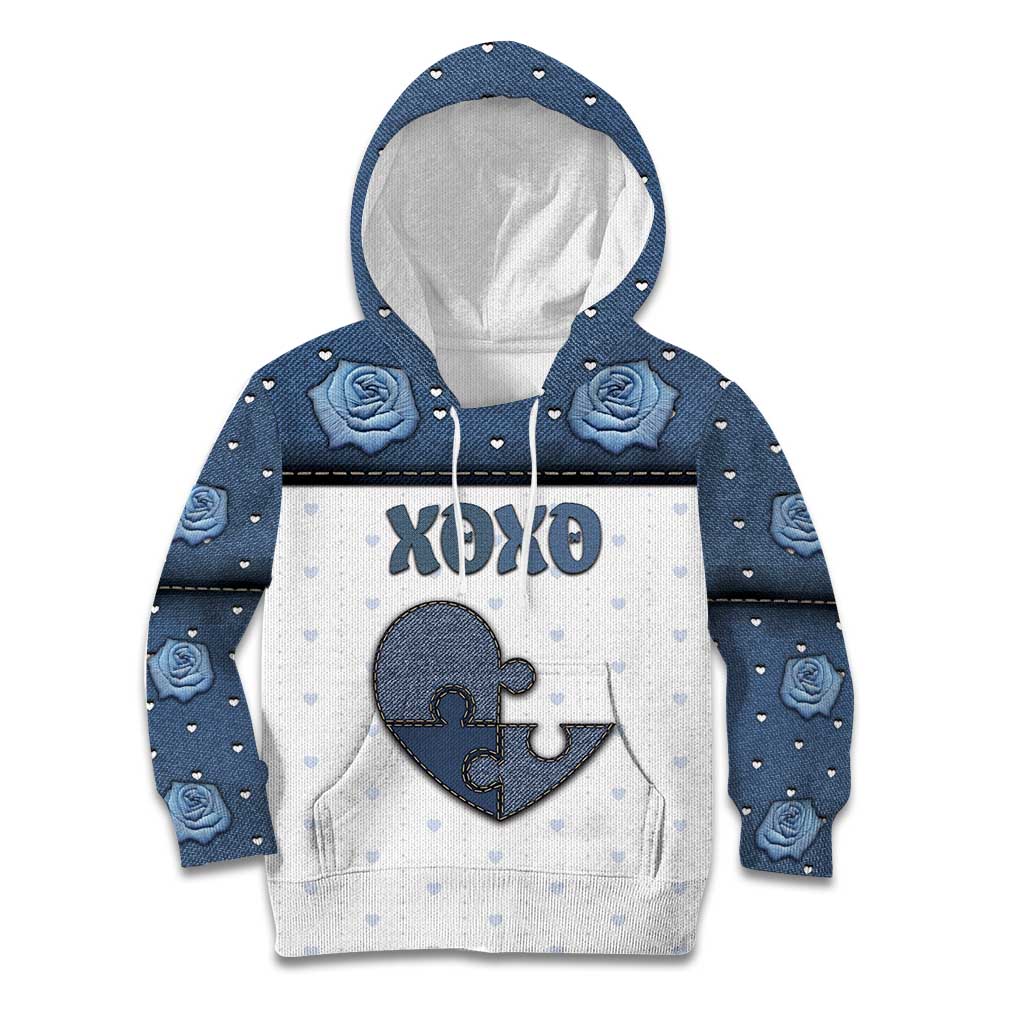Personalized XOXO Valentine's Day Kid Hoodie Pieces Of The Heart Old Denim Fabric Effect