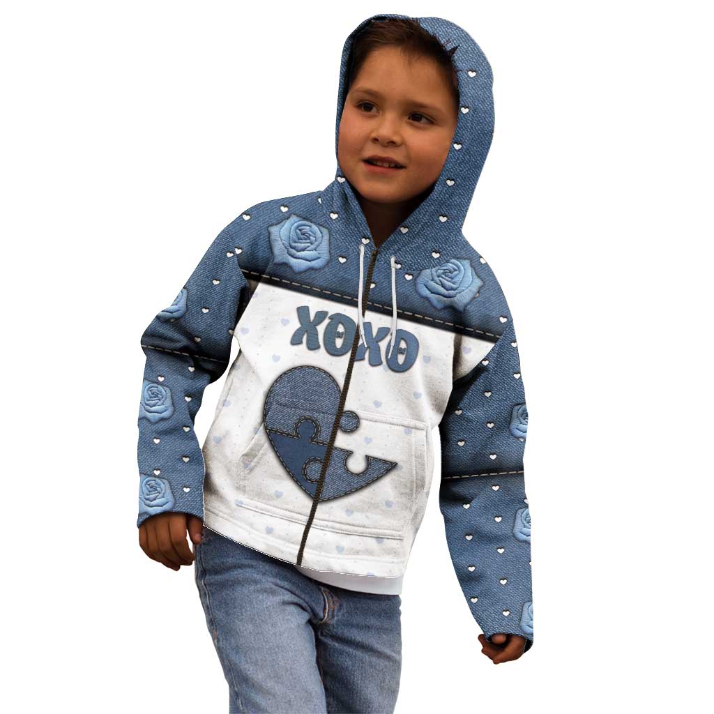 Personalized XOXO Valentine's Day Kid Hoodie Pieces Of The Heart Old Denim Fabric Effect