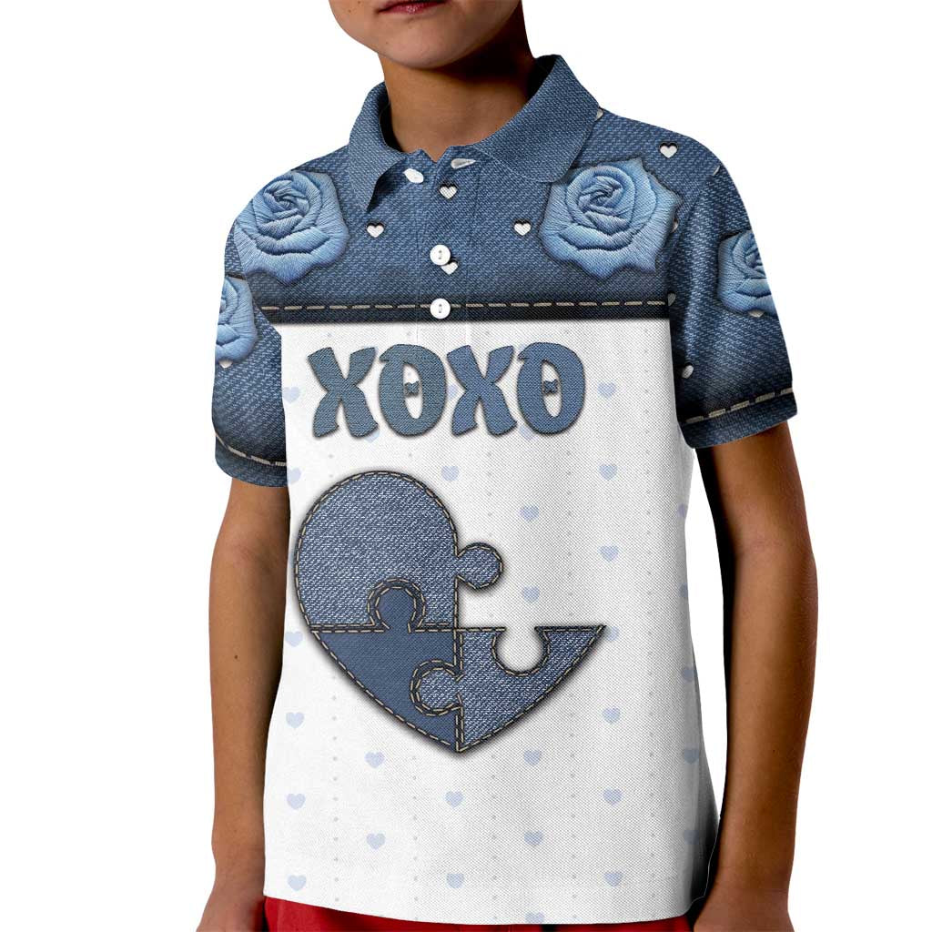 Personalized XOXO Valentine's Day Kid Polo Shirt Pieces Of The Heart Old Denim Fabric Effect