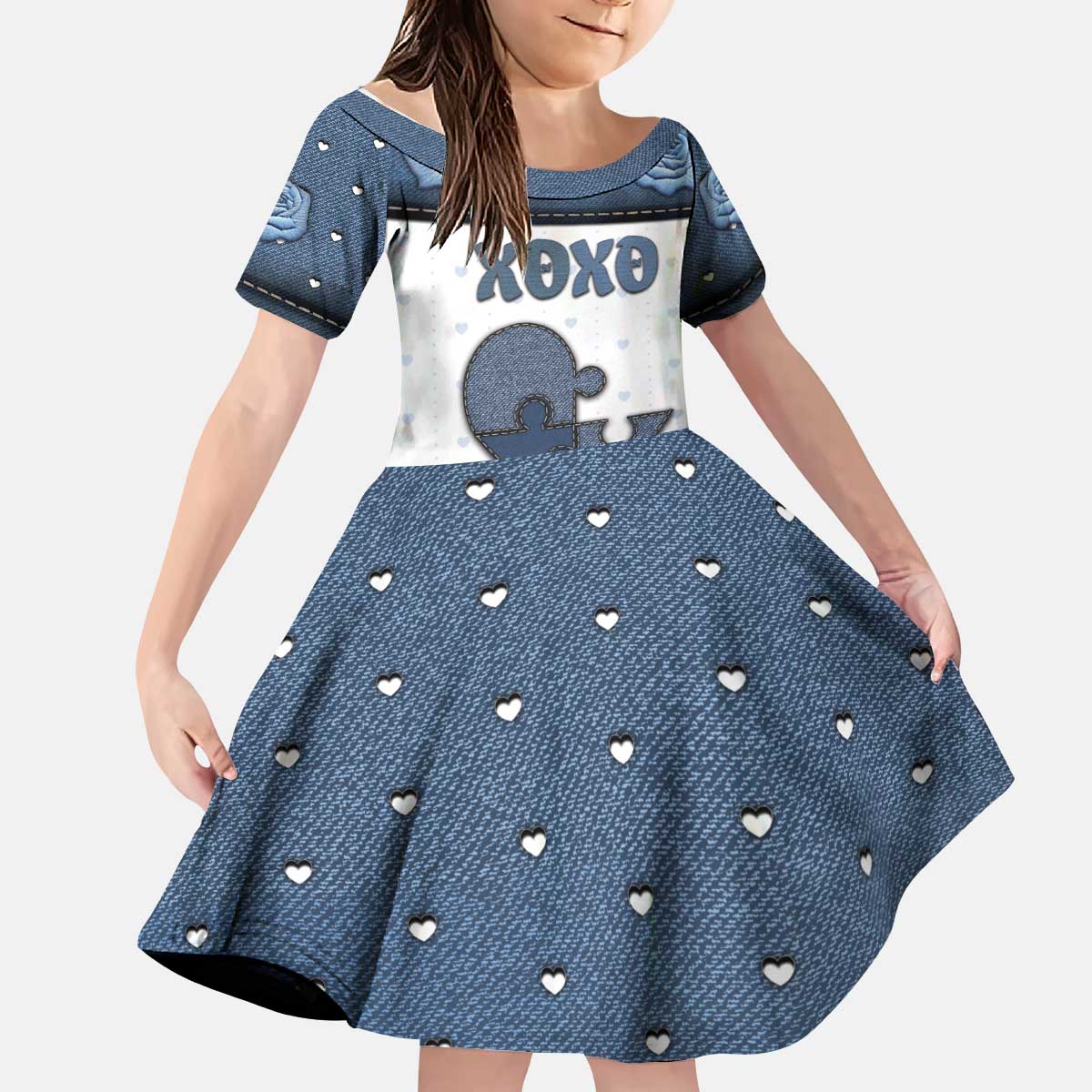 Personalized XOXO Valentine's Day Kid Short Sleeve Dress Pieces Of The Heart Old Denim Fabric Effect