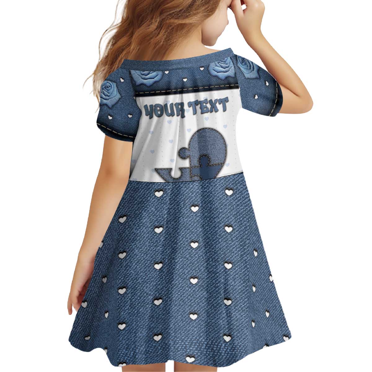 Personalized XOXO Valentine's Day Kid Short Sleeve Dress Pieces Of The Heart Old Denim Fabric Effect