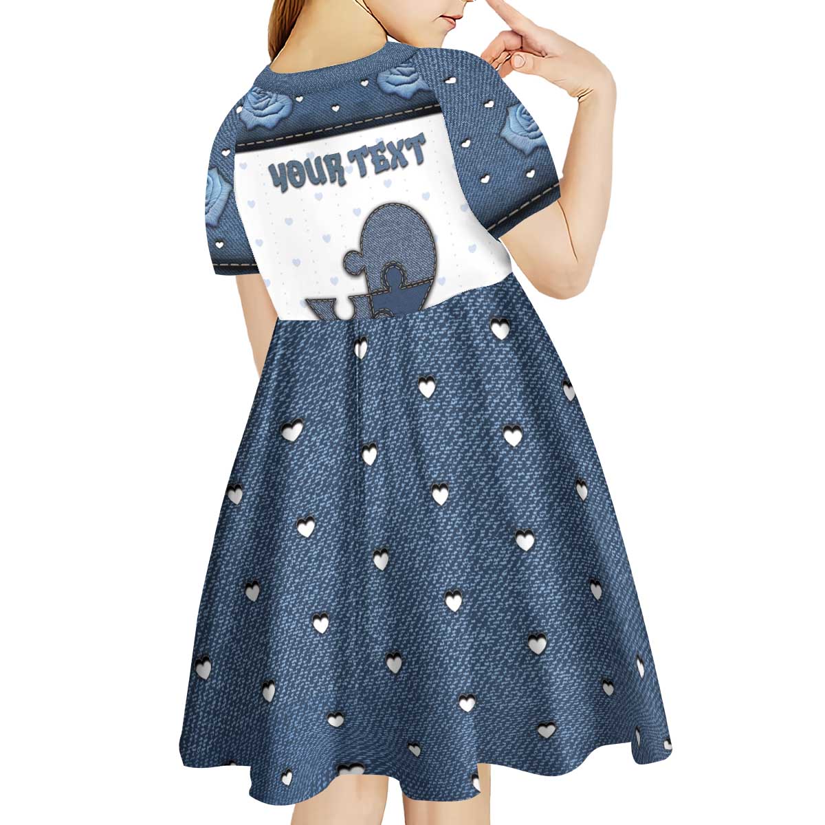 Personalized XOXO Valentine's Day Kid Short Sleeve Dress Pieces Of The Heart Old Denim Fabric Effect