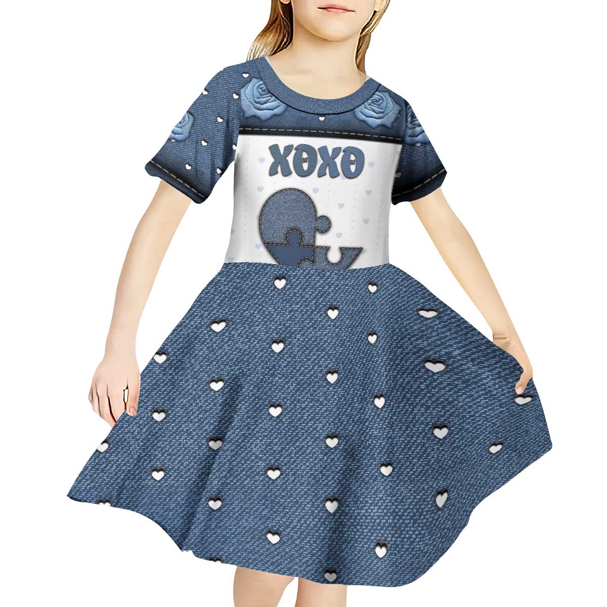 Personalized XOXO Valentine's Day Kid Short Sleeve Dress Pieces Of The Heart Old Denim Fabric Effect
