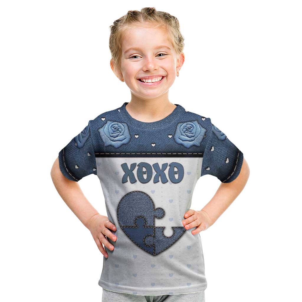 Personalized XOXO Valentine's Day Kid T Shirt Pieces Of The Heart Old Denim Fabric Effect