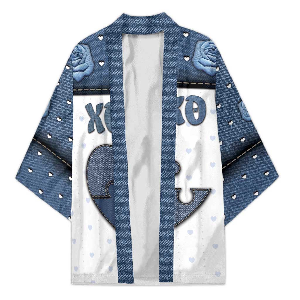 Personalized XOXO Valentine's Day Kimono Pieces Of The Heart Old Denim Fabric Effect