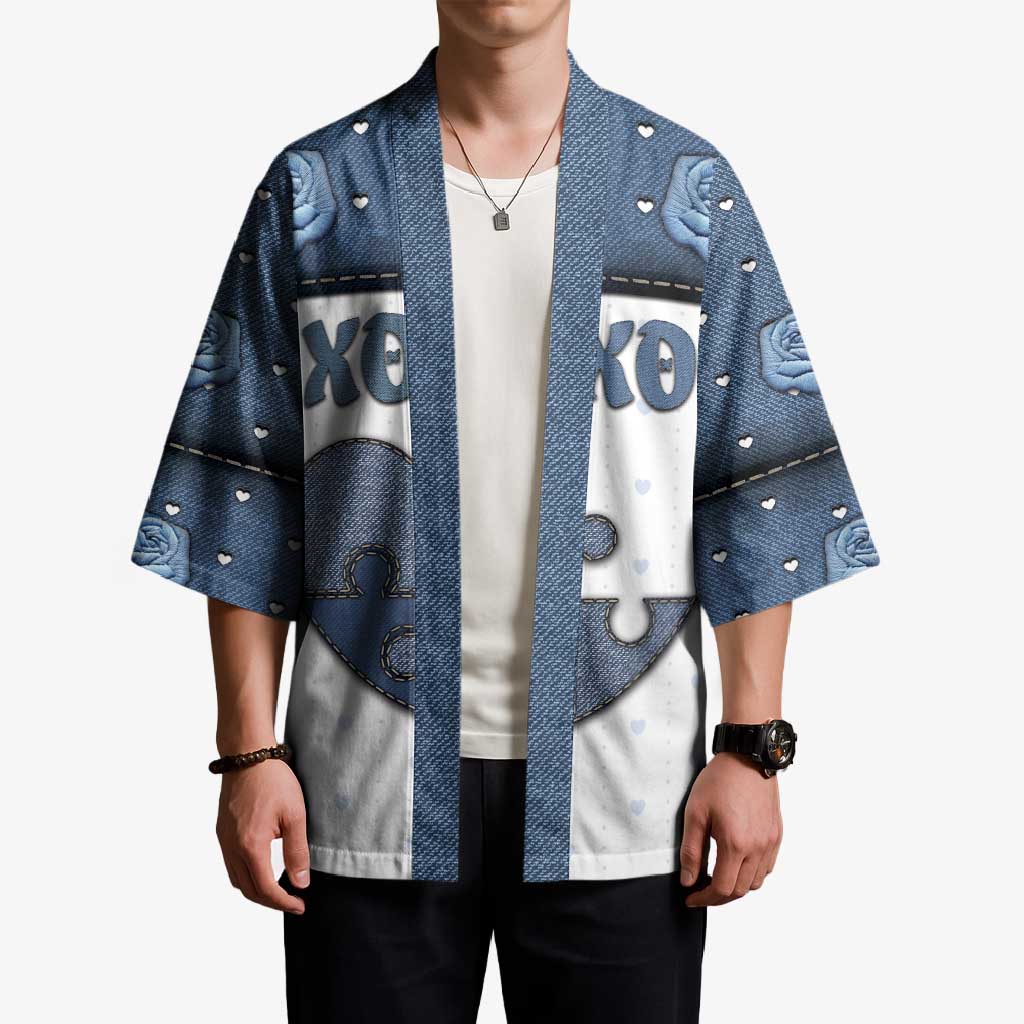 Personalized XOXO Valentine's Day Kimono Pieces Of The Heart Old Denim Fabric Effect