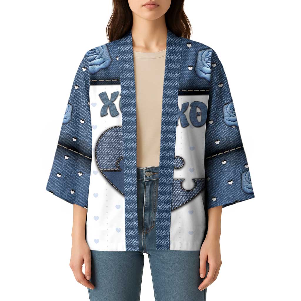 Personalized XOXO Valentine's Day Kimono Pieces Of The Heart Old Denim Fabric Effect