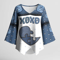 Personalized XOXO Valentine's Day Kimono Sleeve Blouse Pieces Of The Heart Old Denim Fabric Effect