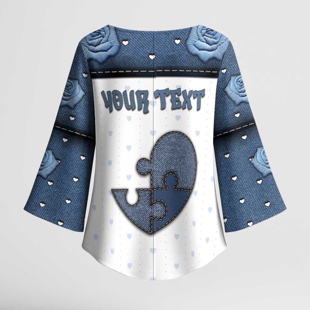Personalized XOXO Valentine's Day Kimono Sleeve Blouse Pieces Of The Heart Old Denim Fabric Effect