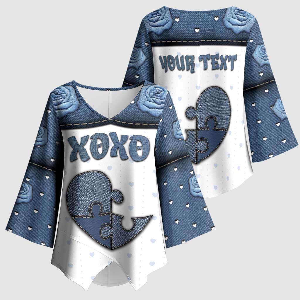 Personalized XOXO Valentine's Day Kimono Sleeve Blouse Pieces Of The Heart Old Denim Fabric Effect