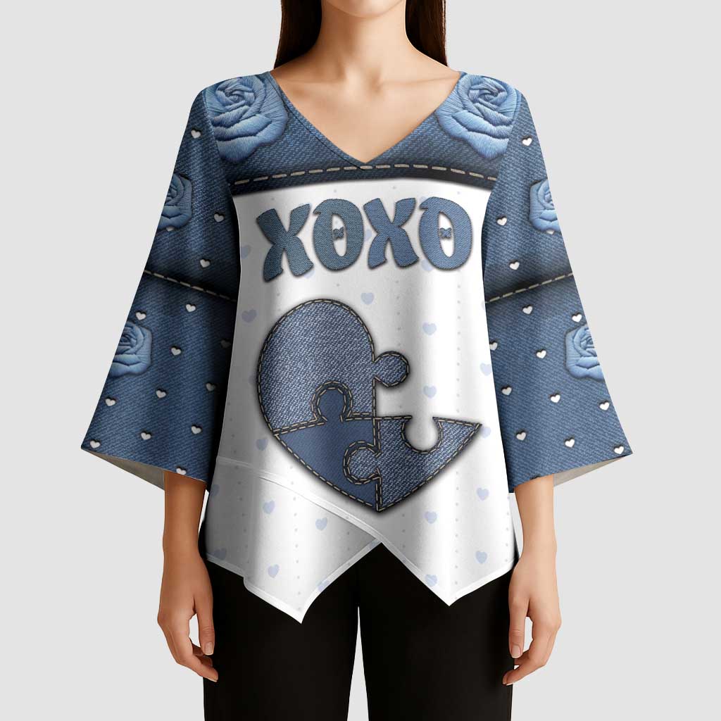 Personalized XOXO Valentine's Day Kimono Sleeve Blouse Pieces Of The Heart Old Denim Fabric Effect