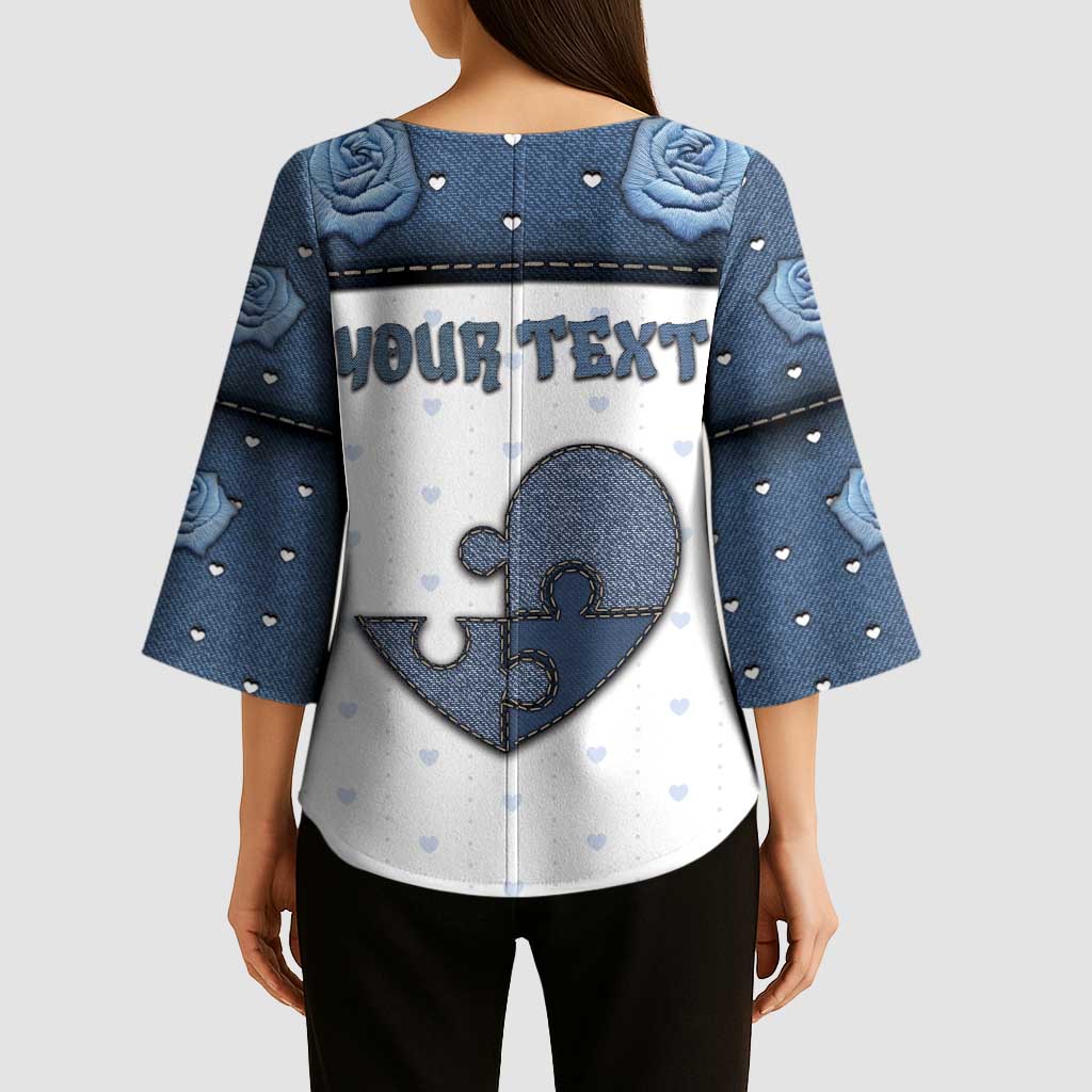 Personalized XOXO Valentine's Day Kimono Sleeve Blouse Pieces Of The Heart Old Denim Fabric Effect