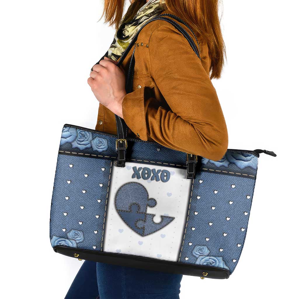 XOXO Valentine's Day Leather Tote Bag Pieces Of The Heart Old Denim Fabric Effect