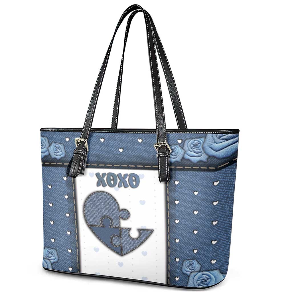 XOXO Valentine's Day Leather Tote Bag Pieces Of The Heart Old Denim Fabric Effect