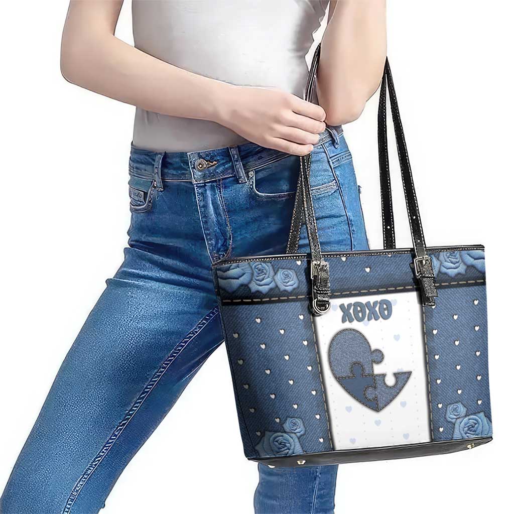 XOXO Valentine's Day Leather Tote Bag Pieces Of The Heart Old Denim Fabric Effect