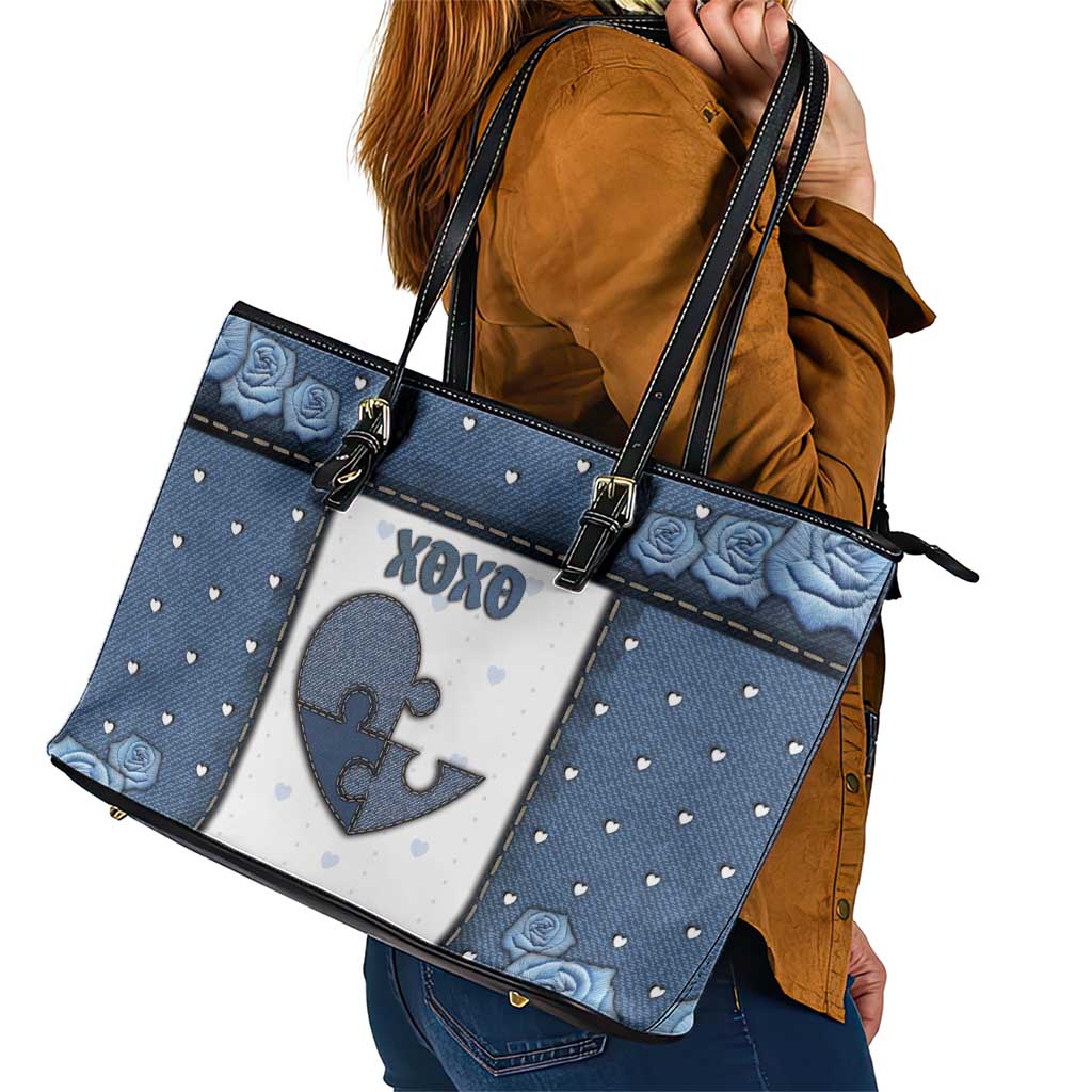 XOXO Valentine's Day Leather Tote Bag Pieces Of The Heart Old Denim Fabric Effect