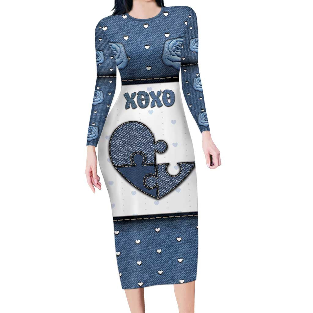 Personalized XOXO Valentine's Day Long Sleeve Bodycon Dress Pieces Of The Heart Old Denim Fabric Effect