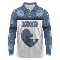 Personalized XOXO Valentine's Day Long Sleeve Polo Shirt Pieces Of The Heart Old Denim Fabric Effect