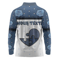 Personalized XOXO Valentine's Day Long Sleeve Polo Shirt Pieces Of The Heart Old Denim Fabric Effect
