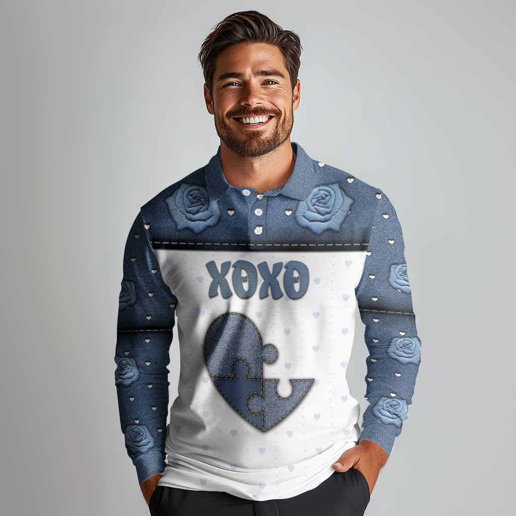 Personalized XOXO Valentine's Day Long Sleeve Polo Shirt Pieces Of The Heart Old Denim Fabric Effect