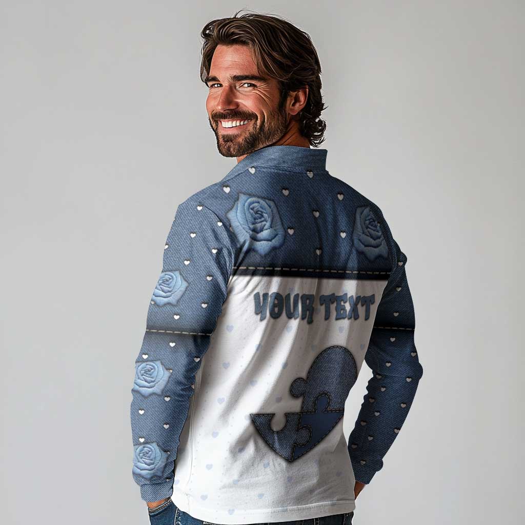 Personalized XOXO Valentine's Day Long Sleeve Polo Shirt Pieces Of The Heart Old Denim Fabric Effect
