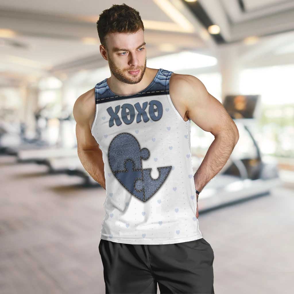 Personalized XOXO Valentine's Day Men Tank Top Pieces Of The Heart Old Denim Fabric Effect