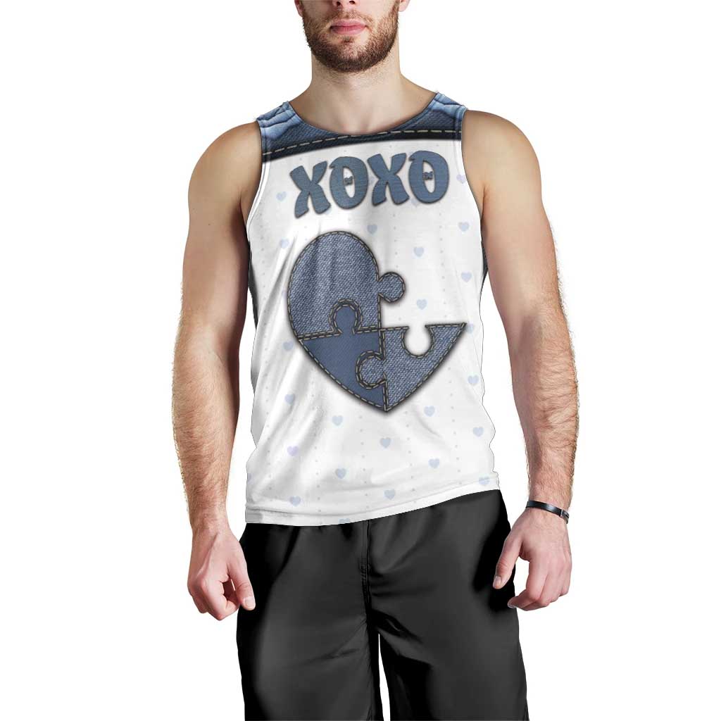 Personalized XOXO Valentine's Day Men Tank Top Pieces Of The Heart Old Denim Fabric Effect