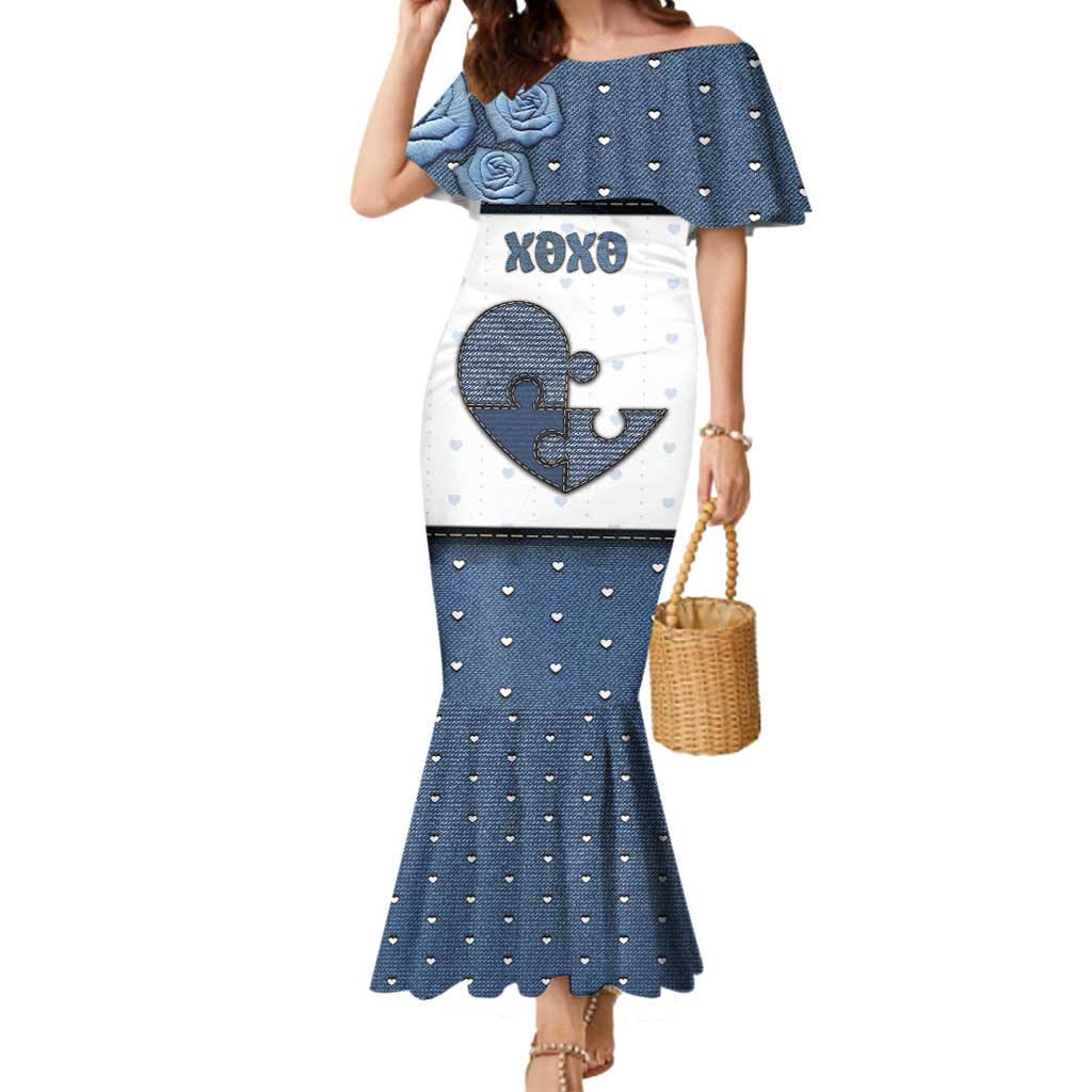Personalized XOXO Valentine's Day Mermaid Dress Pieces Of The Heart Old Denim Fabric Effect