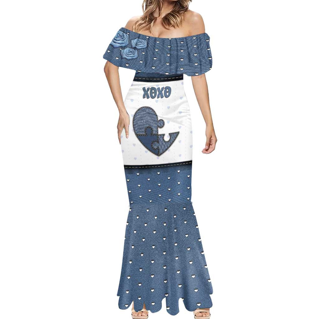 Personalized XOXO Valentine's Day Mermaid Dress Pieces Of The Heart Old Denim Fabric Effect