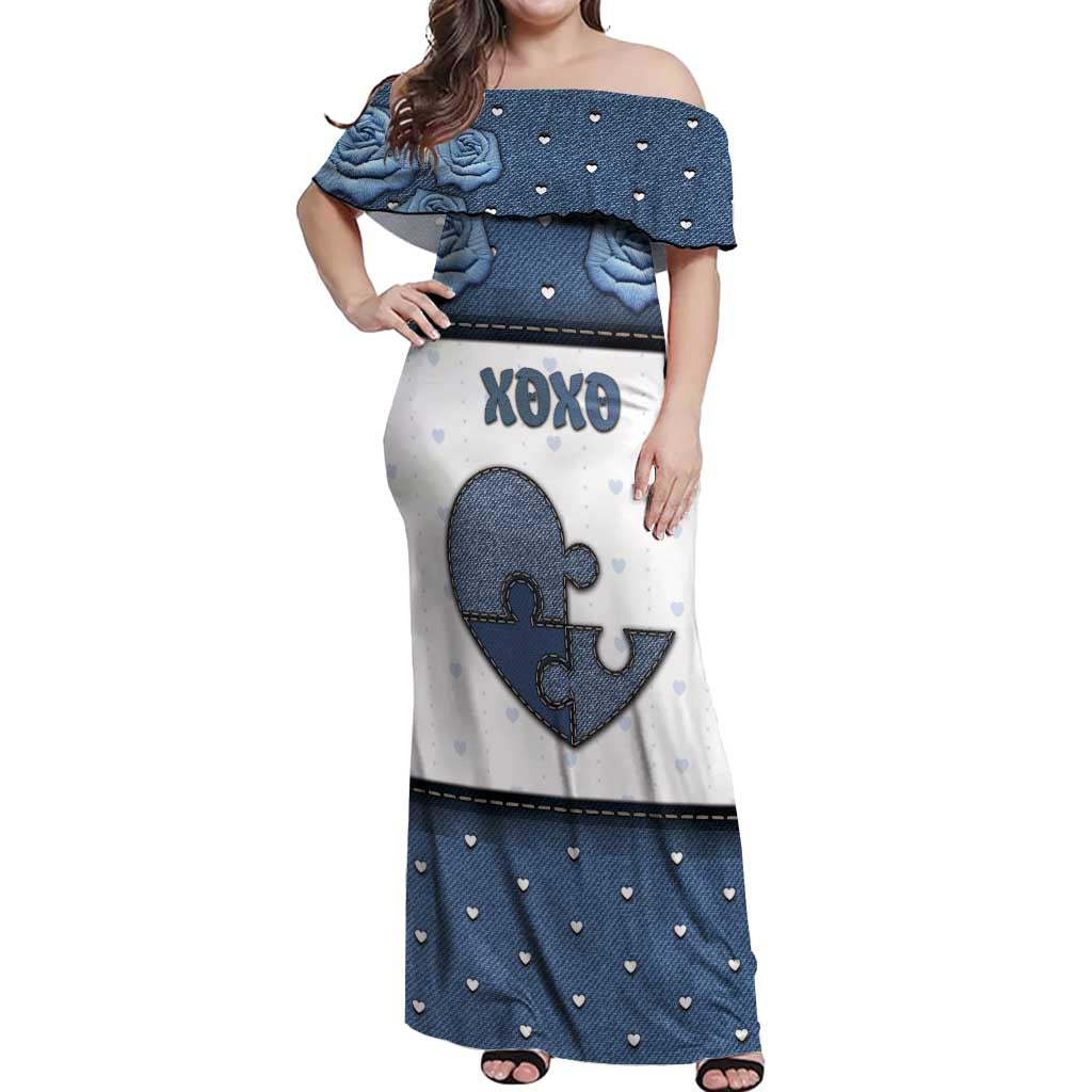 Personalized XOXO Valentine's Day Off Shoulder Maxi Dress Pieces Of The Heart Old Denim Fabric Effect