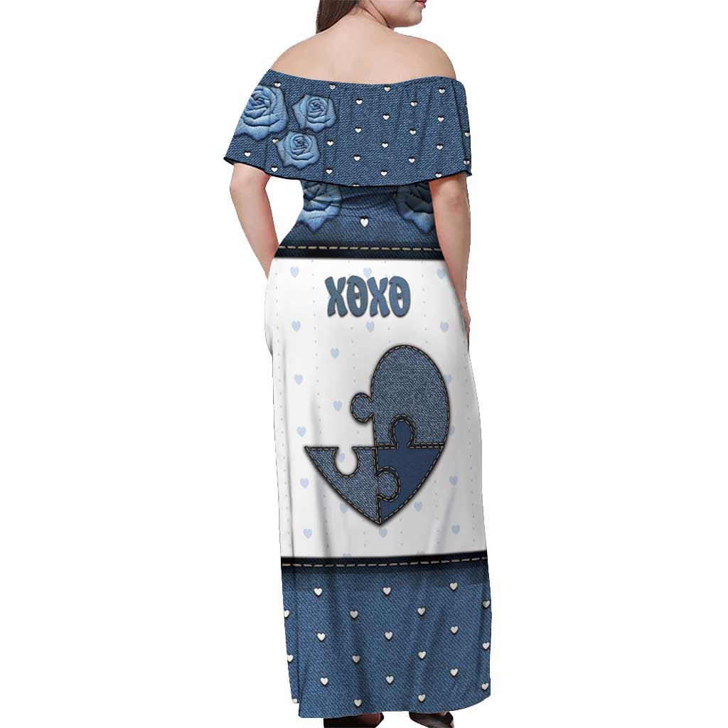 Personalized XOXO Valentine's Day Off Shoulder Maxi Dress Pieces Of The Heart Old Denim Fabric Effect