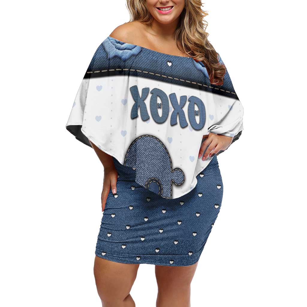 Personalized XOXO Valentine's Day Off Shoulder Short Dress Pieces Of The Heart Old Denim Fabric Effect