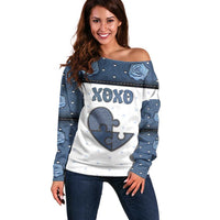 Personalized XOXO Valentine's Day Off Shoulder Sweater Pieces Of The Heart Old Denim Fabric Effect