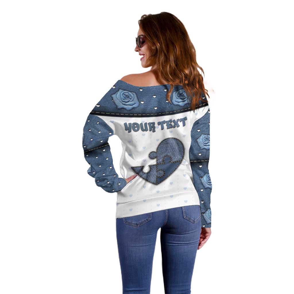 Personalized XOXO Valentine's Day Off Shoulder Sweater Pieces Of The Heart Old Denim Fabric Effect