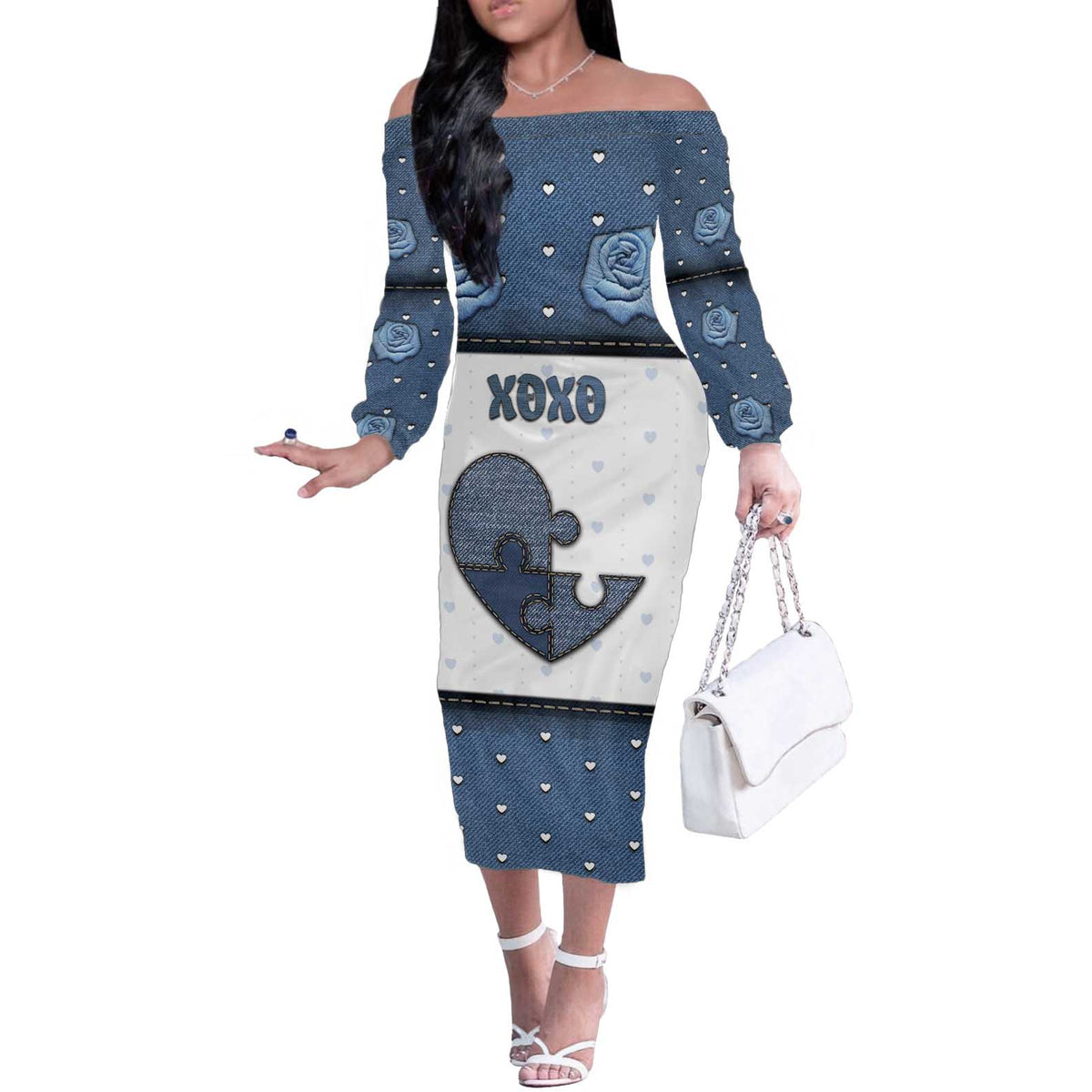 Personalized XOXO Valentine's Day Off The Shoulder Long Sleeve Dress Pieces Of The Heart Old Denim Fabric Effect