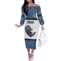 Personalized XOXO Valentine's Day Off The Shoulder Long Sleeve Dress Pieces Of The Heart Old Denim Fabric Effect