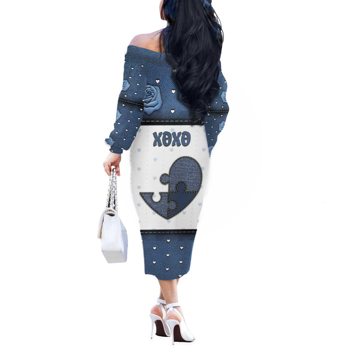 Personalized XOXO Valentine's Day Off The Shoulder Long Sleeve Dress Pieces Of The Heart Old Denim Fabric Effect