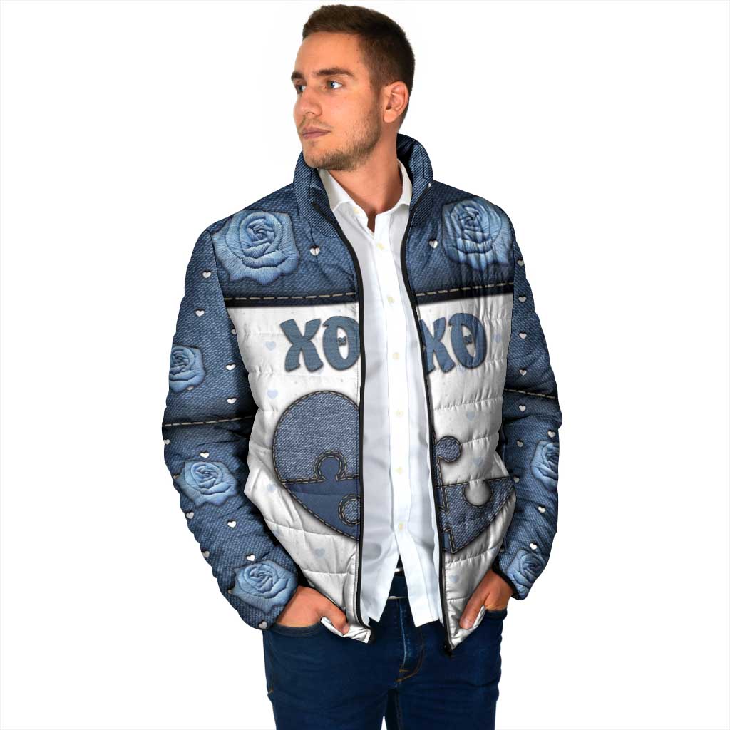Personalized XOXO Valentine's Day Padded Jacket Pieces Of The Heart Old Denim Fabric Effect